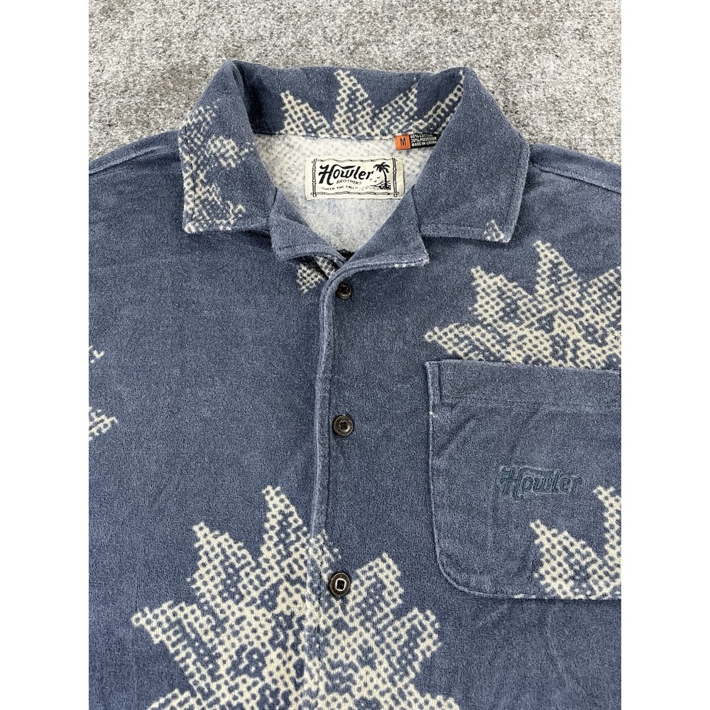 Howler Brothers Palapa Terry Shirt Mens M Blue Tropical AOP Soft Short Sleeve